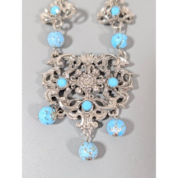 Vintage Turquoise Blue Peking Glass Bead Etruscan Statement Necklace Silver Tone - Picture 4 of 8